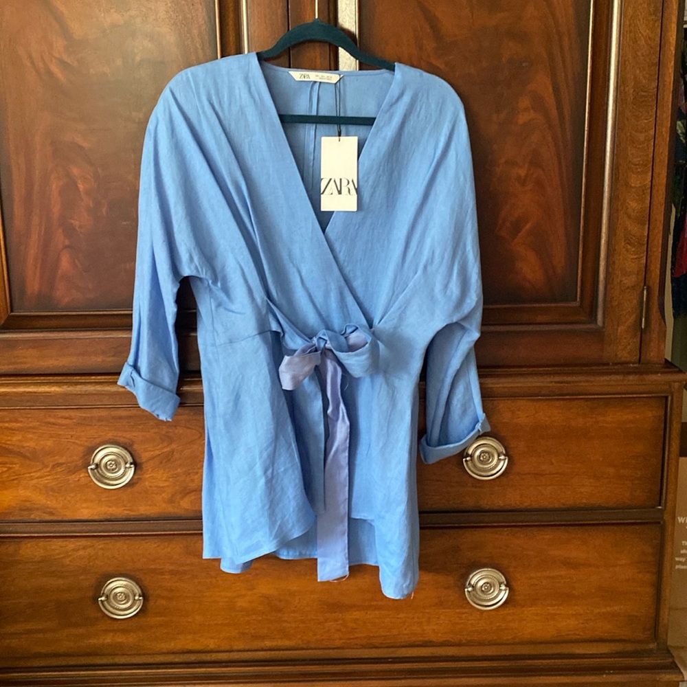 Zara blue wrap blouse. New with tag.